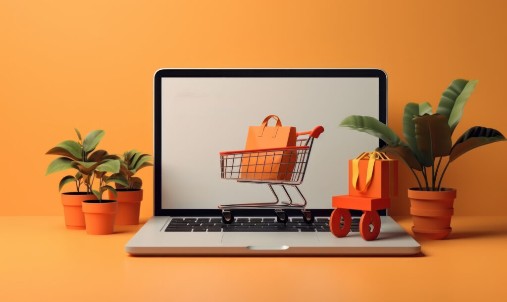 online shopping concept shopping cart laptop background generative ai Jijo Joseph