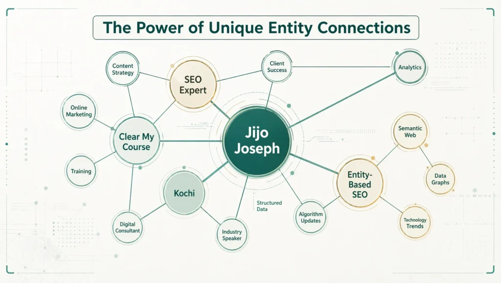 Entity-based SEO diagram showing Jijo Joseph connected to related entities like SEO Expert, Clear My Course, Kochi, and Entity-Based SEO in a structured network