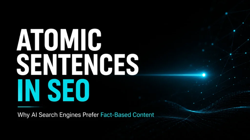 Atomic Sentences in SEO concept image showing bold white and blue text on a dark AI-inspired background with glowing connection lines and digital network elements representing fact-based content for AI search engines.