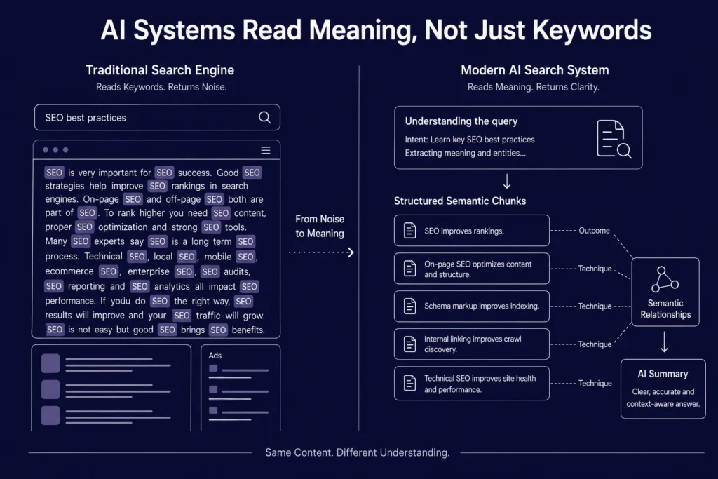 Infographic comparing traditional search engines with modern AI search systems, showing how AI understands semantic meaning, structured content chunks, and entity relationships instead of relying only on repeated SEO keywords.