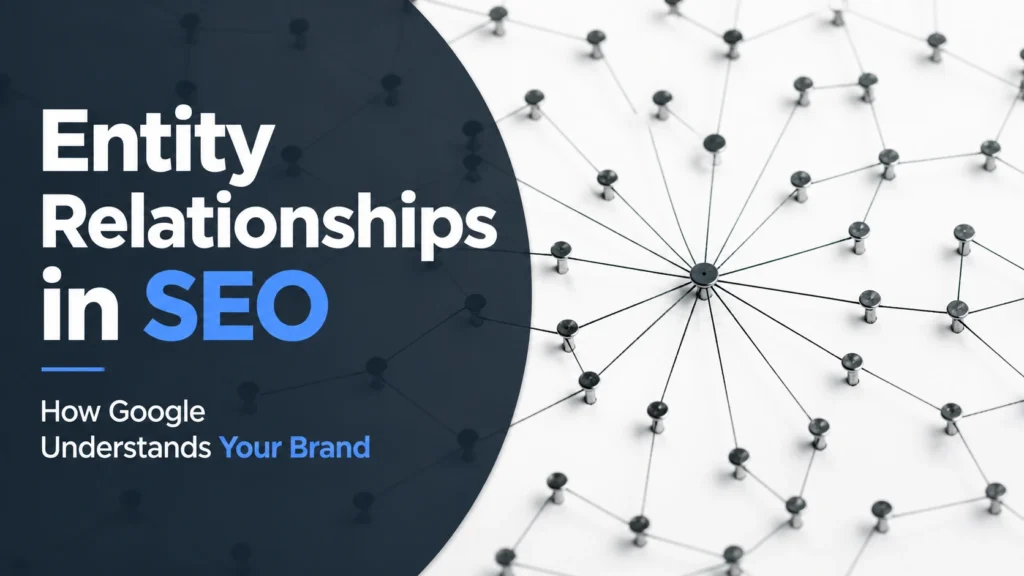 Entity SEO featured image showing connected nodes network with central point representing brand relationships and Google understanding