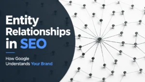 Entity SEO featured image showing connected nodes network with central point representing brand relationships and Google understanding