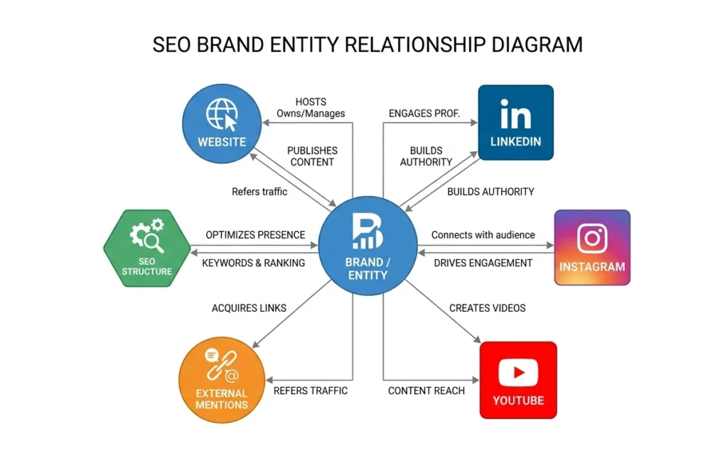 Entity SEO relationship diagram showing brand connected to website, LinkedIn, Instagram, YouTube, and external mentions