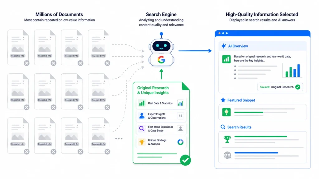 Illustration showing a search engine reviewing many low-value documents and selecting a single document containing original research, expert insights, real data, and unique findings for AI Overviews, featured snippets, and search results.