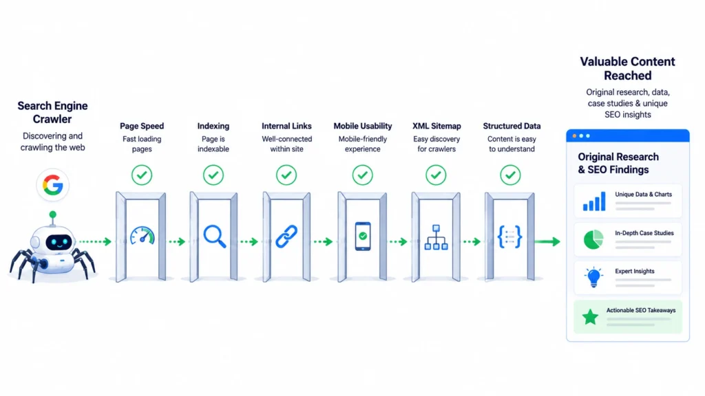 Flat illustration showing a search engine crawler passing through page speed, indexing, internal links, mobile usability, XML sitemap, and structured data checkpoints before reaching a webpage containing original research, case studies, charts, and SEO findings.