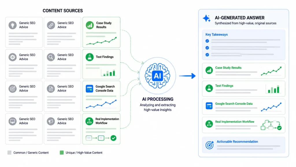 Flat illustration showing an AI system reviewing multiple content sources, ignoring generic SEO advice and selecting case studies, test findings, Google Search Console data, and implementation workflows to create an AI-generated answer.