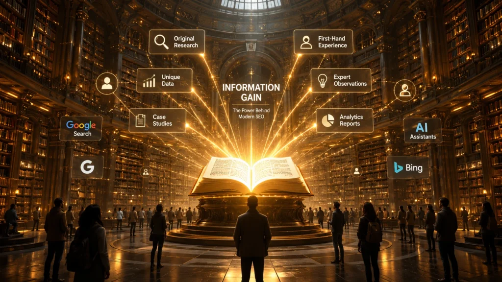 A glowing book in a grand library symbolizing Information Gain in SEO, with connections to original research, first-hand experience, unique data, case studies, expert observations, and analytics reports that influence search engines and AI assistants.