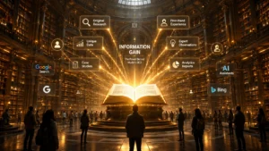 A glowing book in a grand library symbolizing Information Gain in SEO, with connections to original research, first-hand experience, unique data, case studies, expert observations, and analytics reports that influence search engines and AI assistants.