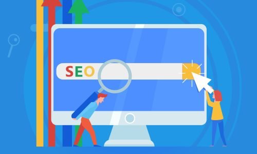 Seo banner. Work on the content of the site and its indexing of search engines. Team work on the website. Vector flat illustration