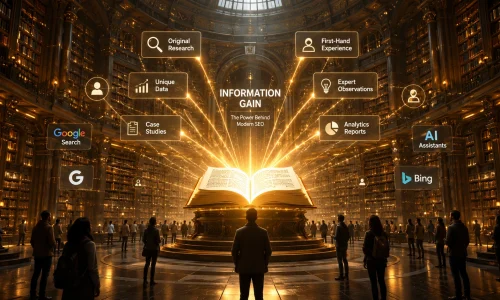 A glowing book in a grand library symbolizing Information Gain in SEO, with connections to original research, first-hand experience, unique data, case studies, expert observations, and analytics reports that influence search engines and AI assistants.