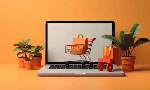 Online Shopping Concept, Shopping Cart on Laptop  Background. Created Generative Ai